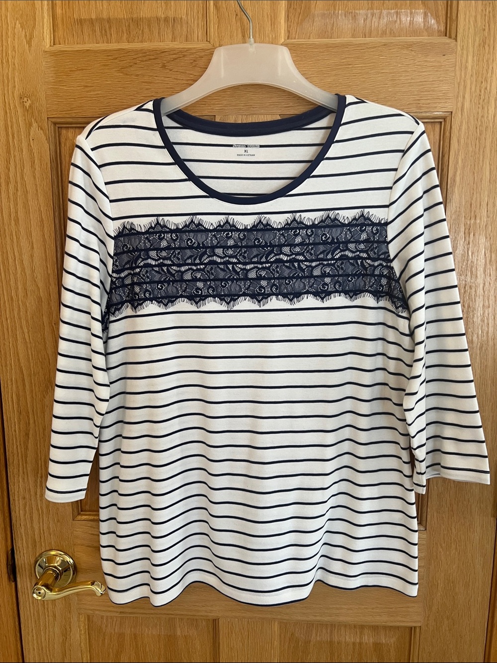 Studio Works Navy and White Striped Lace-Trim Scoop Neck Top XL